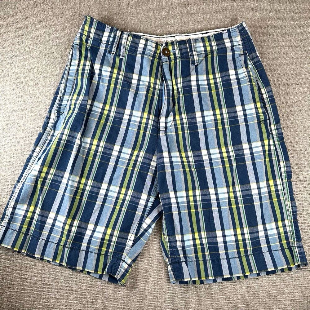 American Eagle Mens Shorts Blue 32 Plaid Cotton 4 Pockets Classic Flat Front 90s